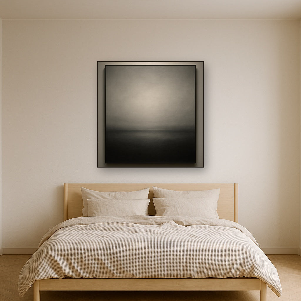 Monochrome Charcoal Drift & Soft Sfumato Horizon No. 13 Oil Painting Staged Above Master Bed in Bedroom, Calming Neutral Hand Painted Oil Art
