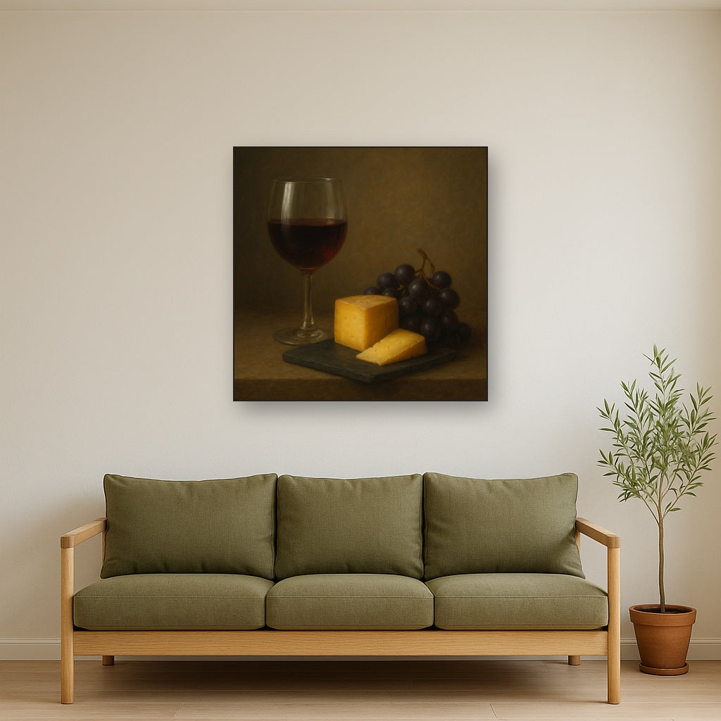 Burgundy Wine Glass & Aged Cheese Board Oil Painting - View 3