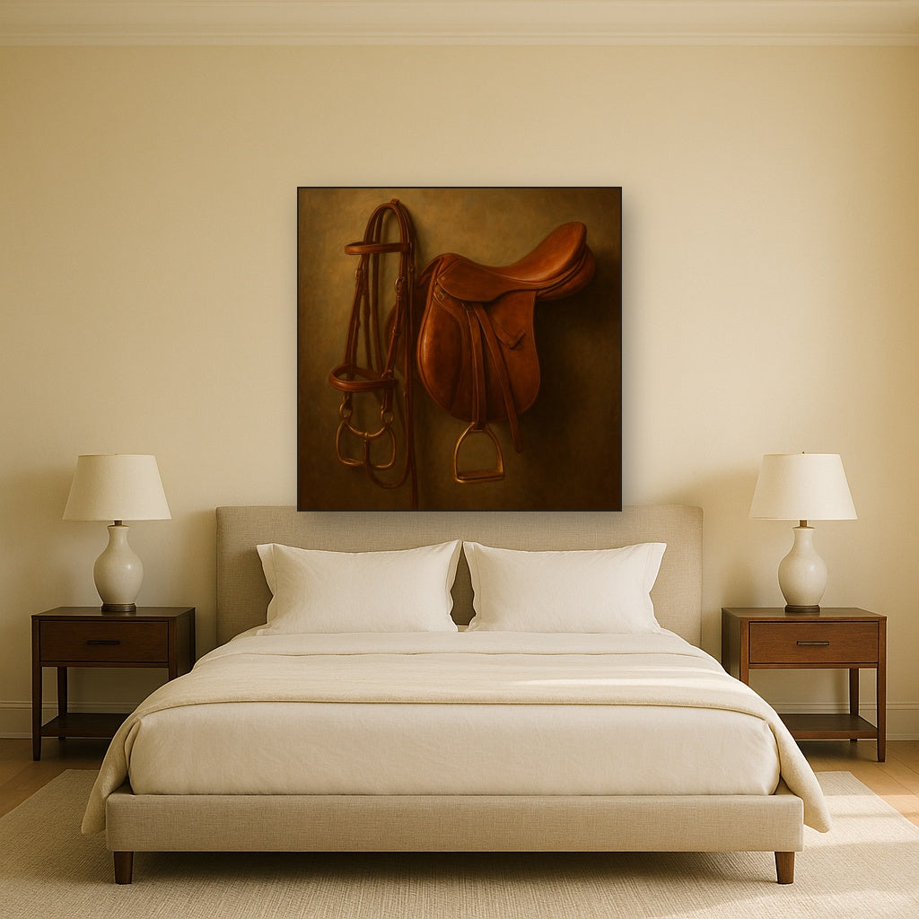 Vintage Bridle & Polished Leather Saddle Oil Painting - View 3