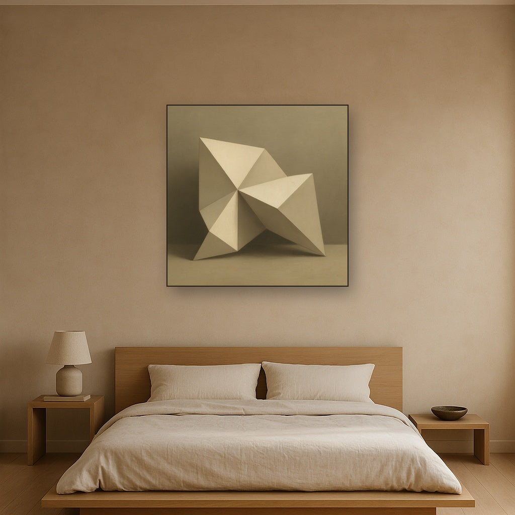 Folded Paper Geometry in Neutral Gradient Shadows No. 9 Oil Painting Staged Above Master Bed in Bedroom, Calming Neutral Hand Painted Oil Art