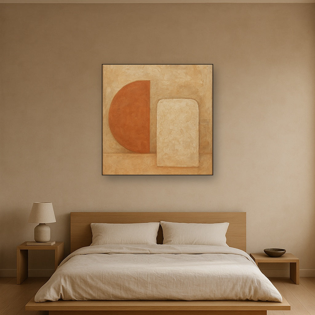 Earthy Terracotta & Weathered Plaster Wash No. 23 Oil Painting Staged Above Master Bed in Bedroom, Calming Neutral Hand Painted Oil Art