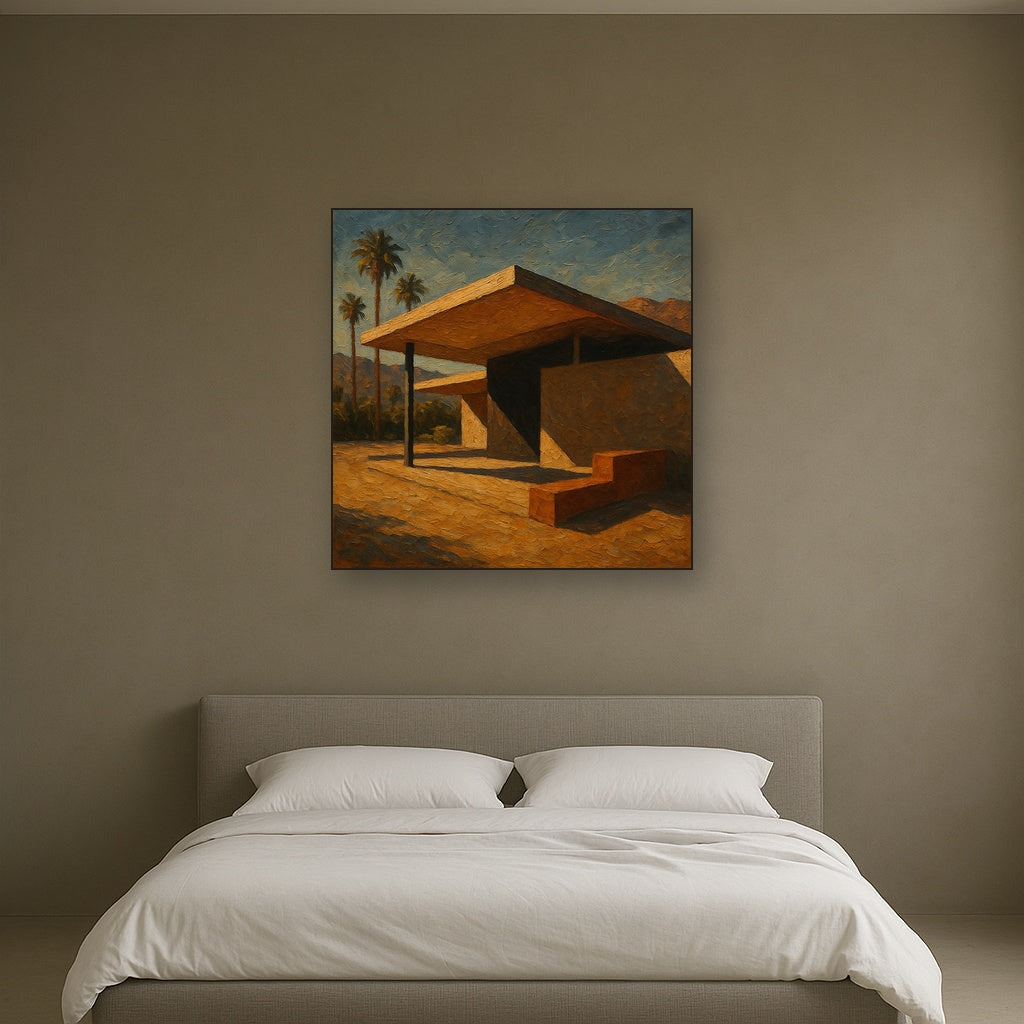 Palm Springs Modernist Pavilion Shadow No. 5 Oil Painting - Styled in Master Bedroom
