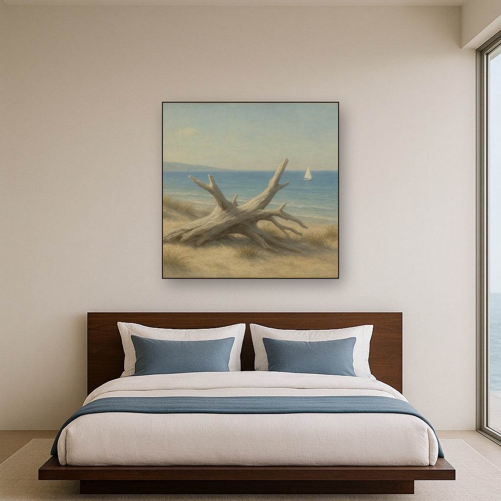 Sun-Bleached Driftwood & Distant Sailboat No. 6 Oil Painting - View 3