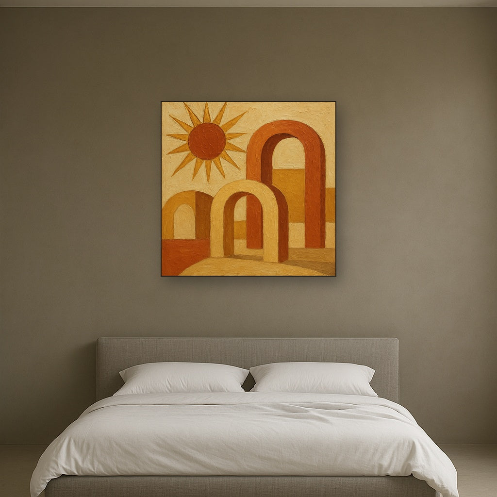 Mid-Century Terracotta Sun & Arches No. 5 Oil Painting - Styled in Master Bedroom