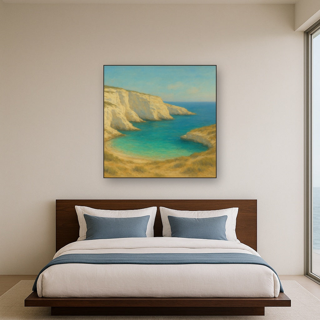 Mediterranean White Cliffs & Turquoise Cove No. 17 Oil Painting Staged Above Master Bed in Bedroom, Calming Neutral Hand Painted Oil Art