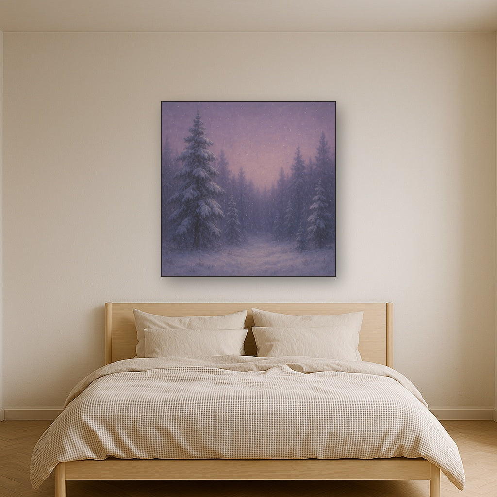 Quiet Pine Forest in Gentle Twilight Snow No. 7 Oil Painting Staged Above Master Bed in Bedroom, Calming Neutral Hand Painted Oil Art