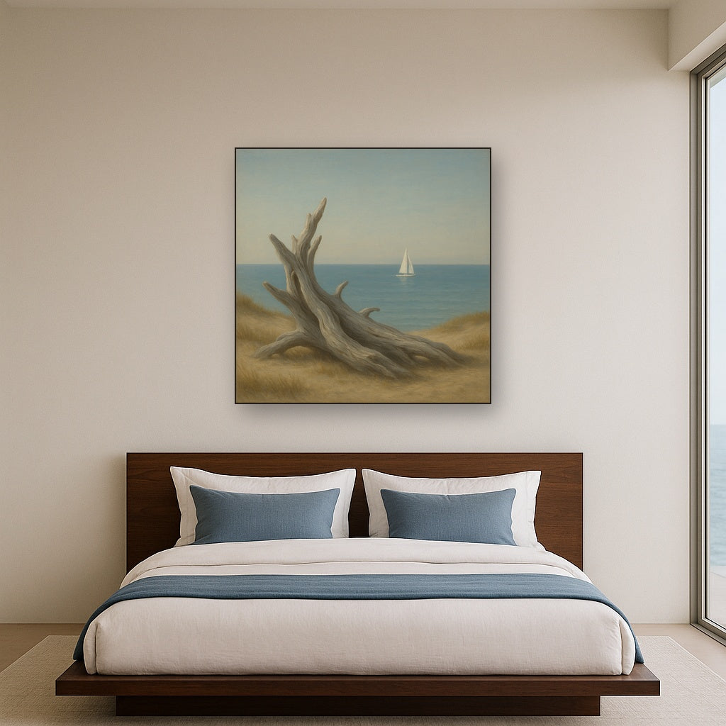 Sun-Bleached Driftwood & Distant Sailboat No. 13 Oil Painting - View 3