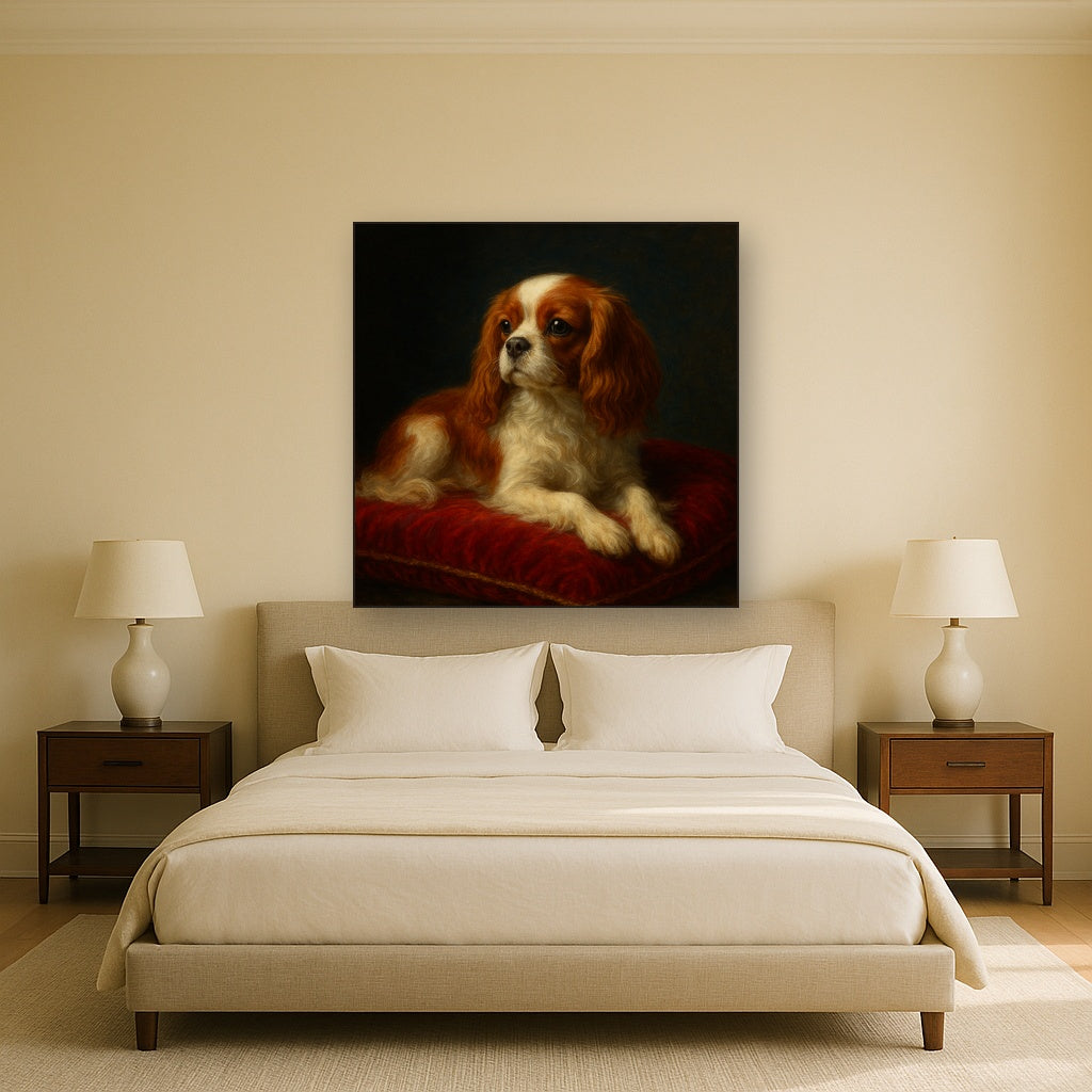 Cavalier King Charles Spaniel on Velvet Cushion No. 11 Fine Art Oil Painting - View 3