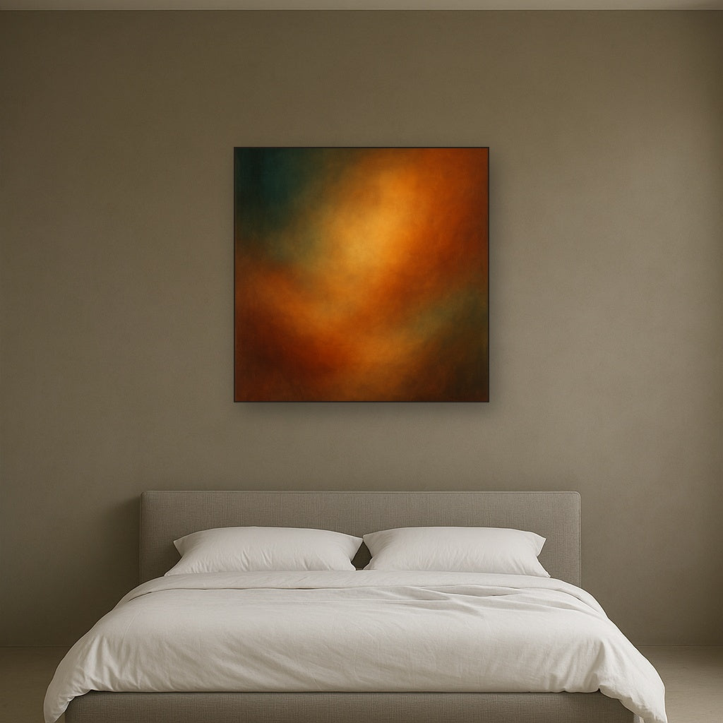 Deep Topaz & Spiced Terracotta Glow No. 16 Oil Painting Staged Above Master Bed in Bedroom, Calming Neutral Hand Painted Oil Art
