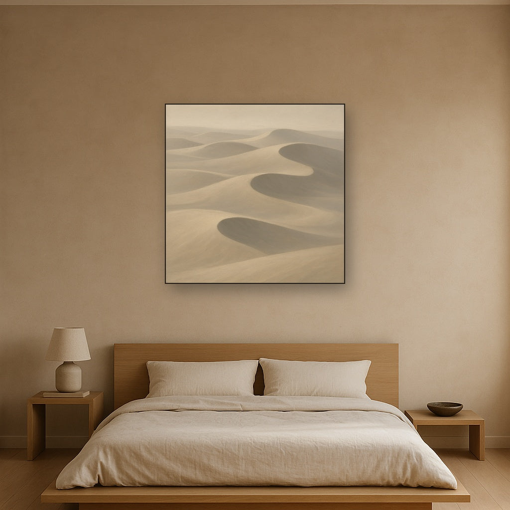 Monochrome Sand Dune Contours & Pale Slate No. 11 Oil Painting Staged Above Master Bed in Bedroom, Calming Neutral Hand Painted Oil Art