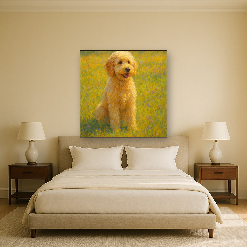 Fluffy Goldendoodle in Sun-Drenched Meadow No. 17 Fine Art Oil Painting - View 3