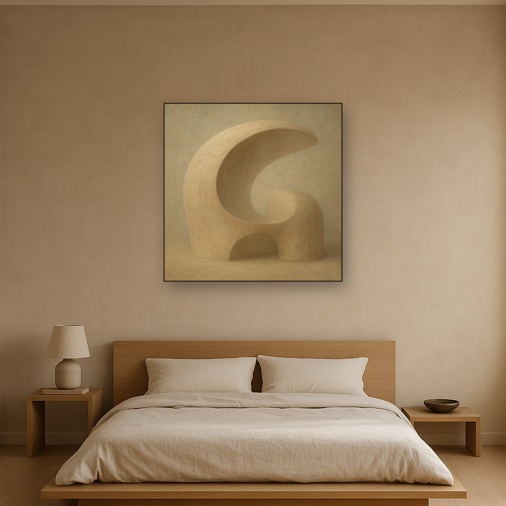 Soft Architectural Curve in Desert Bone No. 29 Oil Painting Staged Above Master Bed in Bedroom, Calming Neutral Hand Painted Oil Art