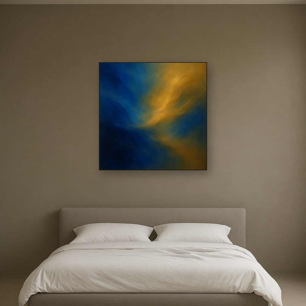 Lapis Lazuli & Golden Ochre Luminous Field No. 4 Oil Painting Staged Above Master Bed in Bedroom, Calming Neutral Hand Painted Oil Art