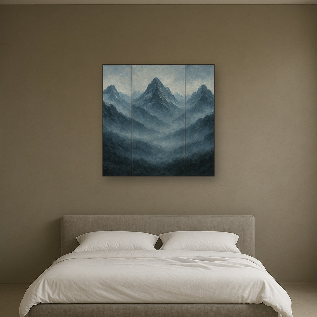 Alpine Mist Triptych Masterpiece Oil Painting - Styled in Master Bedroom