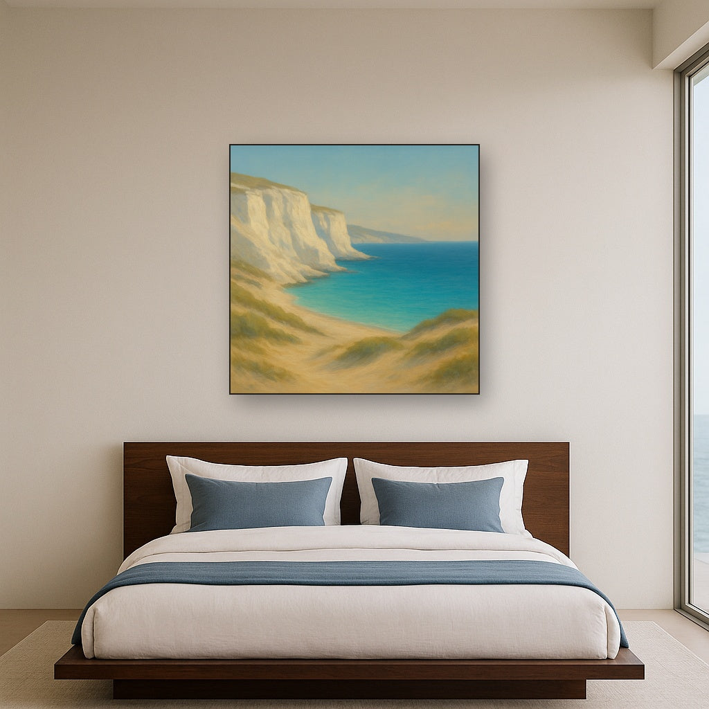 Mediterranean White Cliffs & Turquoise Cove No. 15 Oil Painting Staged Above Master Bed in Bedroom, Calming Neutral Hand Painted Oil Art