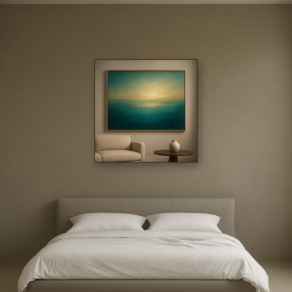 Peacock Teal & Champagne Gold Horizon No. 8 Oil Painting - View 3