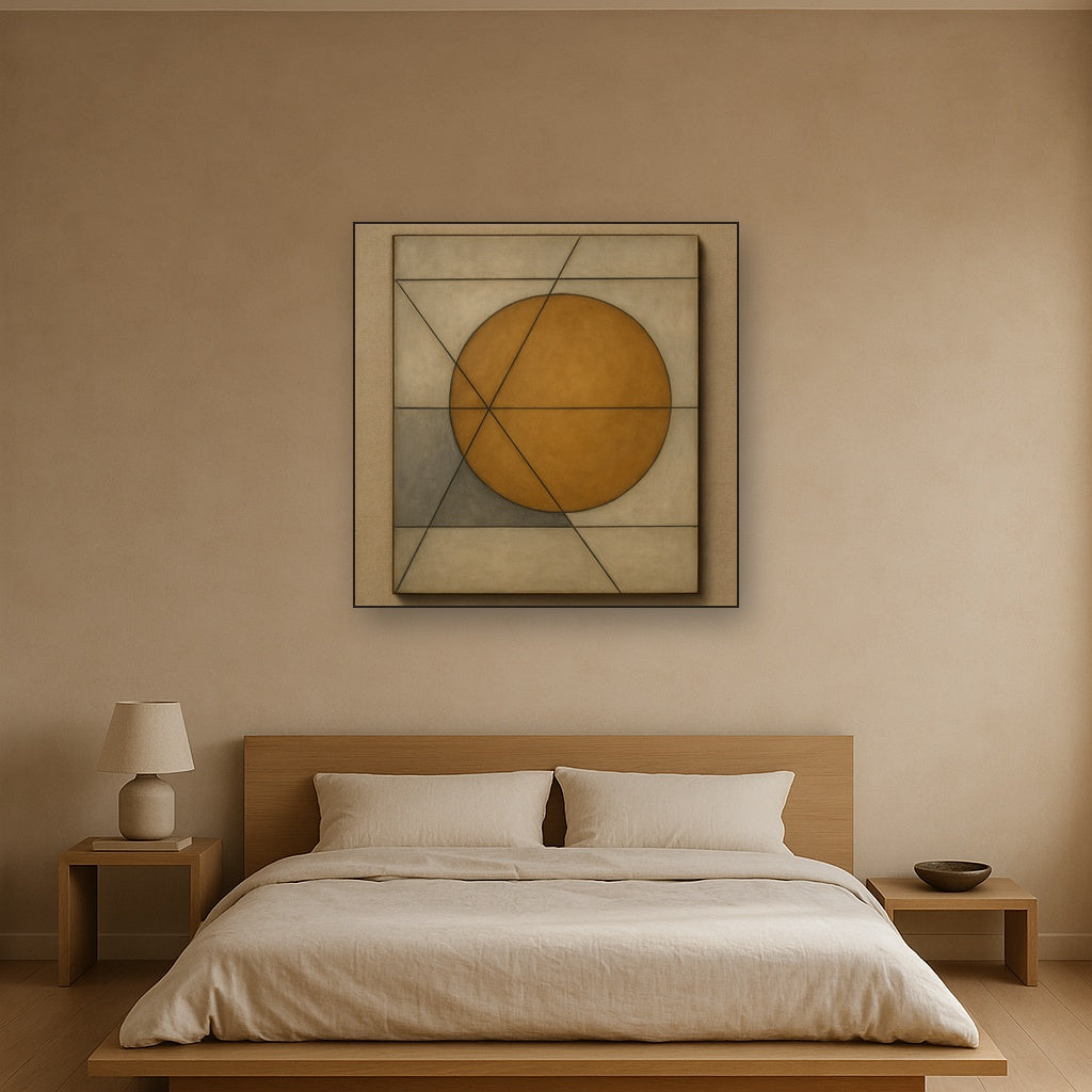 Abstract Tangent Lines & Earthy Ochre Disc No. 20 Oil Painting - View 3