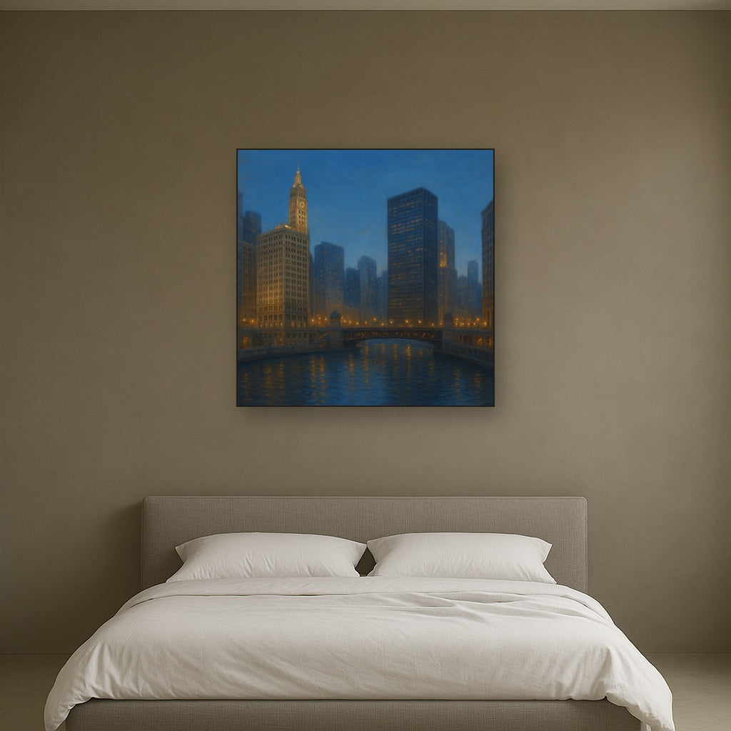 Chicago Riverfront Architecture at Blue Hour No. 30 Oil Painting - View 3