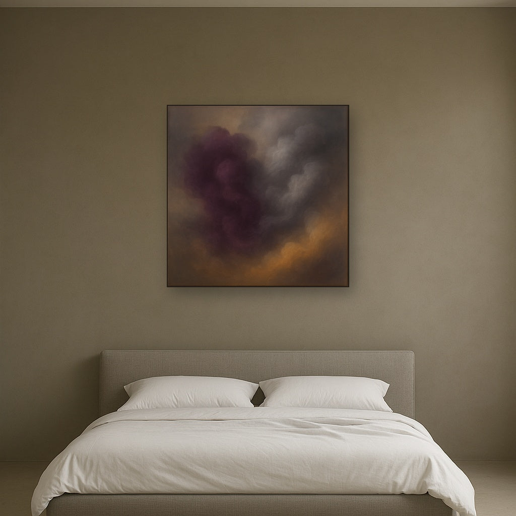 Gilded Plum & Soft Smoke Cloud Harmony No. 16 Oil Painting Staged Above Master Bed in Bedroom, Calming Neutral Hand Painted Oil Art