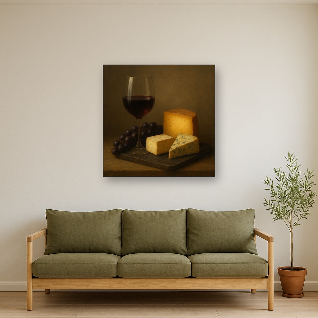 Burgundy Wine Glass & Aged Cheese Board No. 4 Oil Painting - View 3