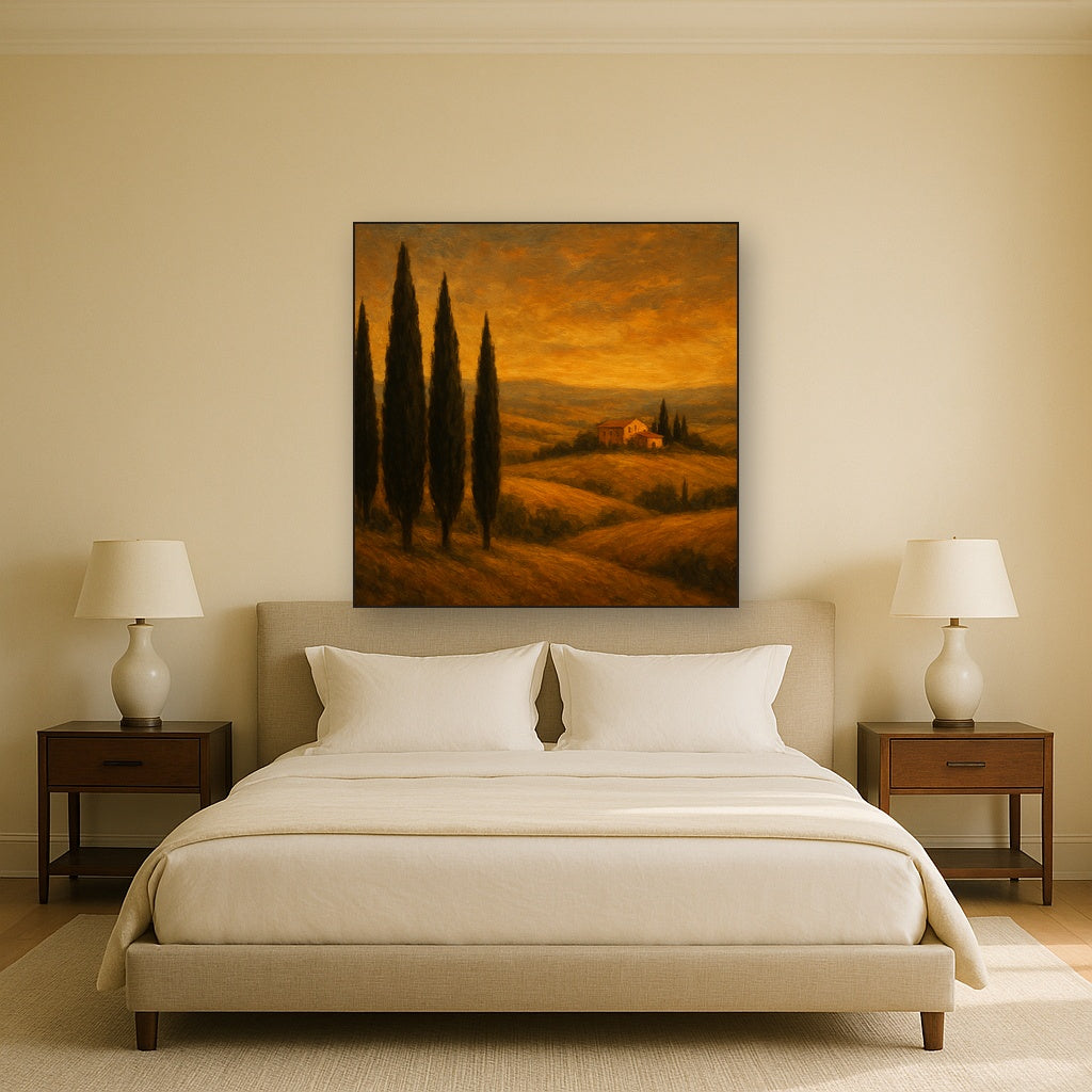 Tuscan Hillside Cypress Landscape Oil Painting - Styled in Master Bedroom