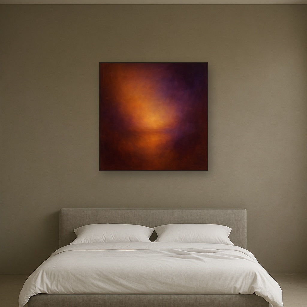 Burnt Amber & Velvet Amethyst Atmosphere No. 2 Oil Painting Staged Above Master Bed in Bedroom, Calming Neutral Hand Painted Oil Art