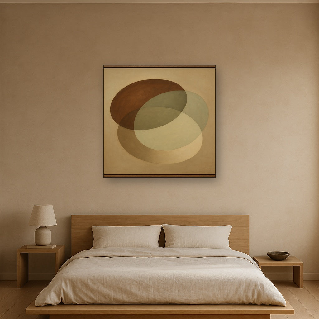 Floating Ellipse Harmony in Walnut & Pale Sage No. 23 Oil Painting Staged Above Master Bed in Bedroom, Calming Neutral Hand Painted Oil Art