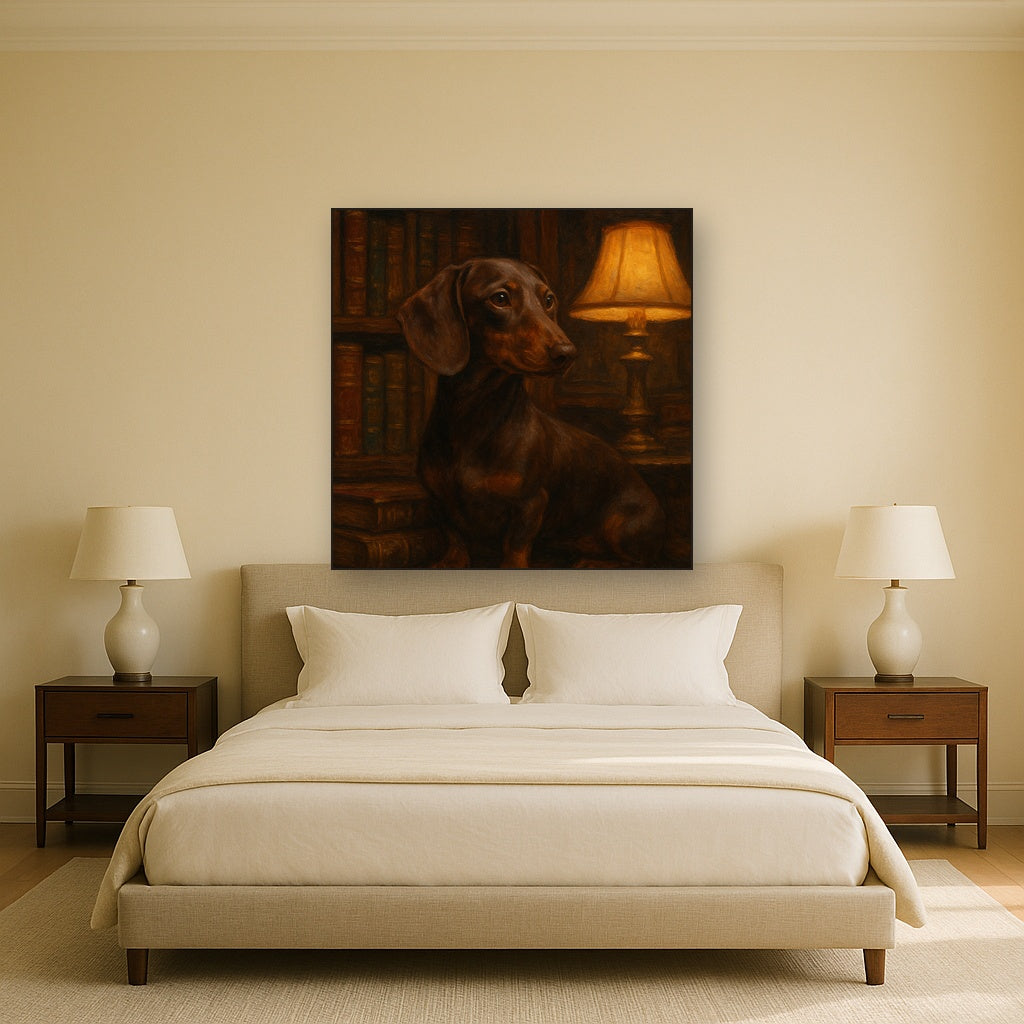 Smooth Dachshund in Moody Library Study No. 6 Fine Art Oil Painting - View 3