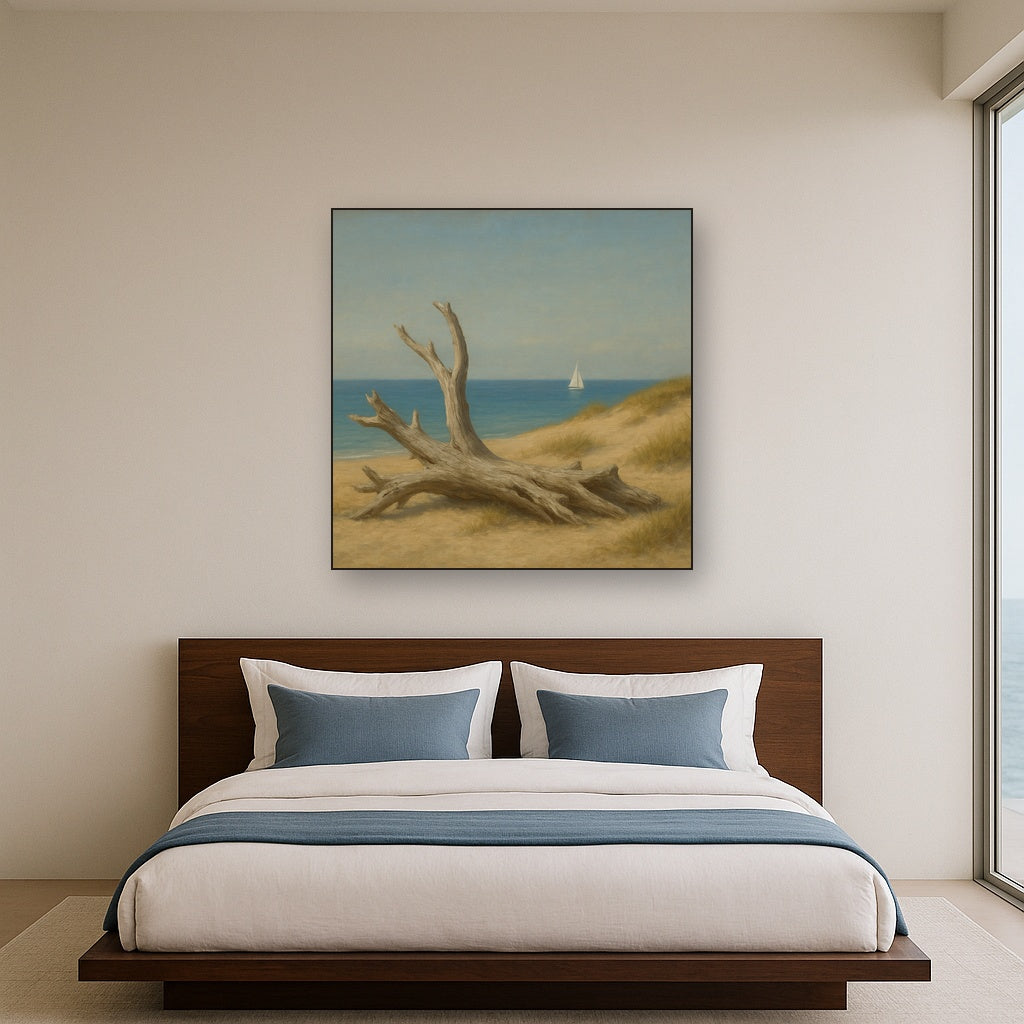 Sun-Bleached Driftwood & Distant Sailboat No. 15 Oil Painting Staged Above Master Bed in Bedroom, Calming Neutral Hand Painted Oil Art