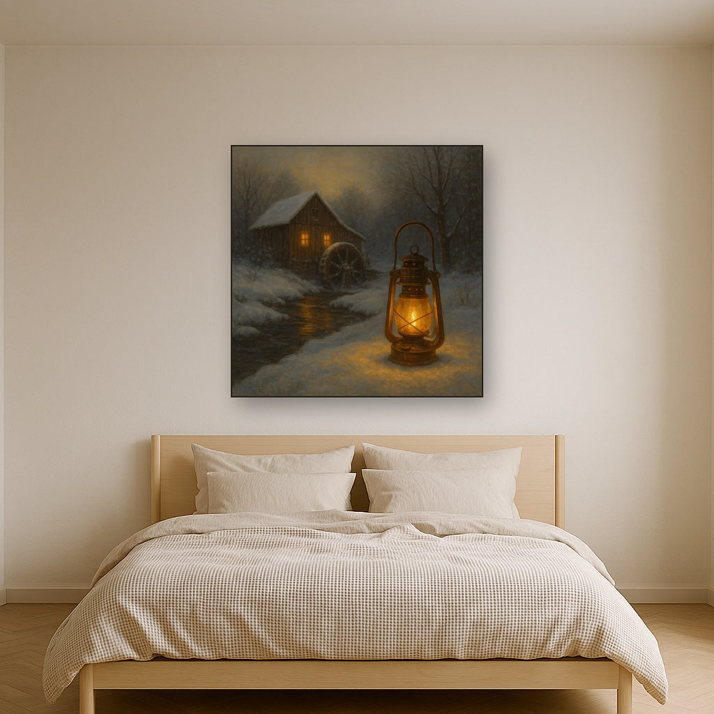 Snowy Mill Stream & Glowing Lantern Oil Painting - View 3