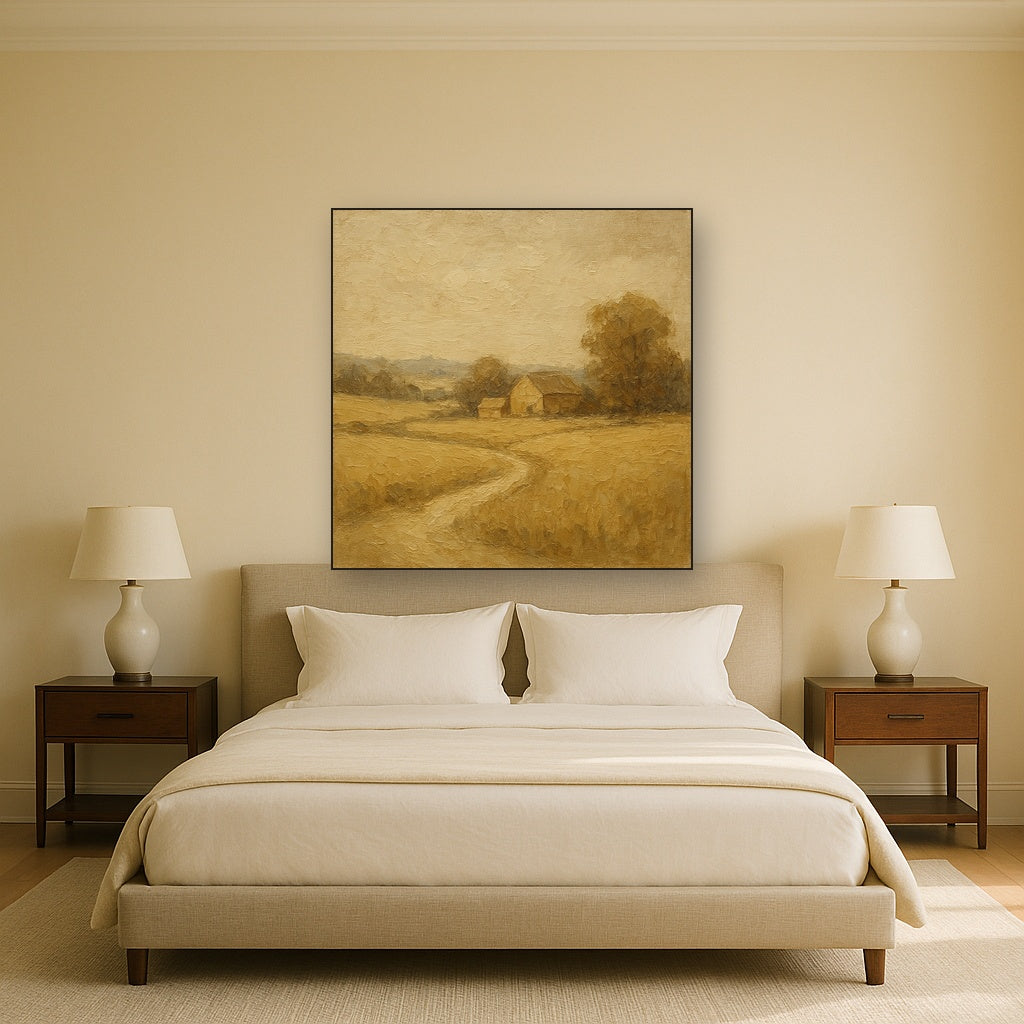 Earthy Linen Plaster Countryside Calm Oil Painting - Styled in Master Bedroom