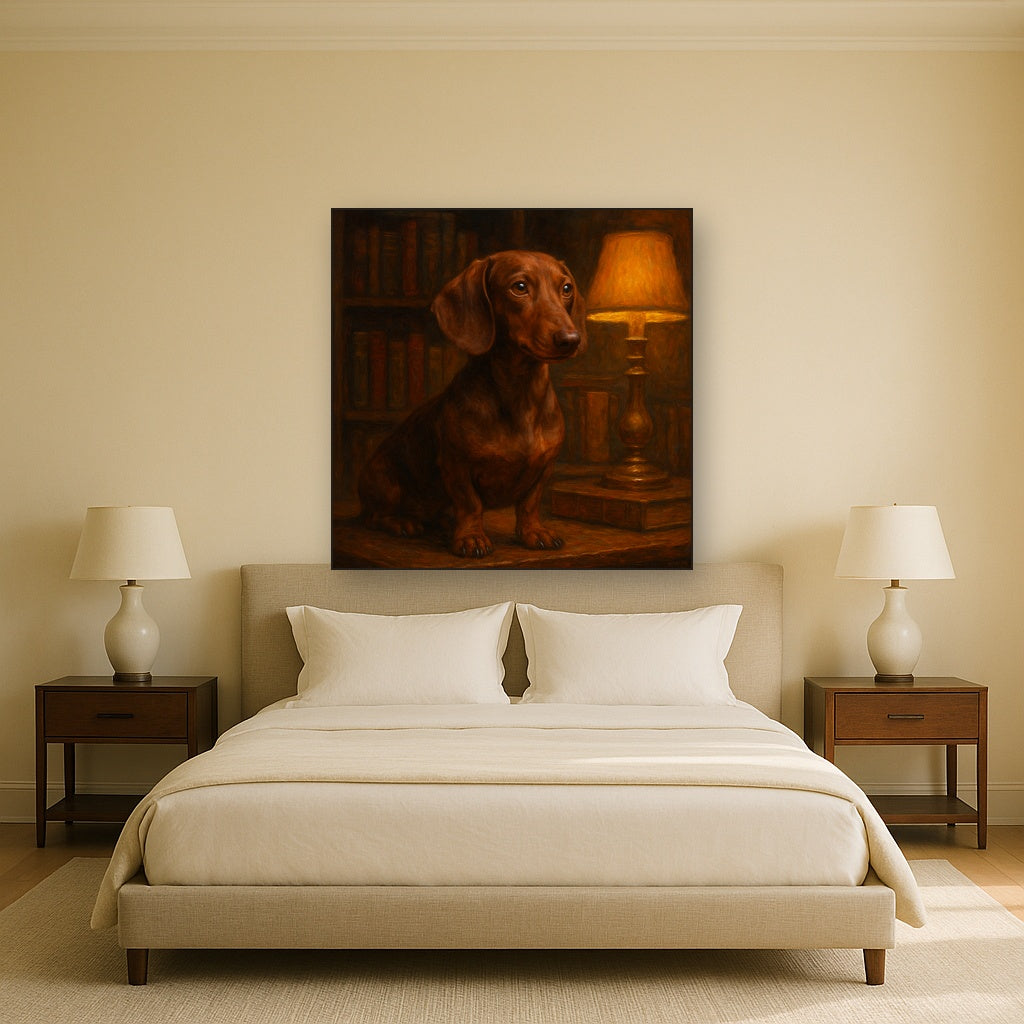 Smooth Dachshund in Moody Library Study No. 15 Fine Art Oil Painting - View 3