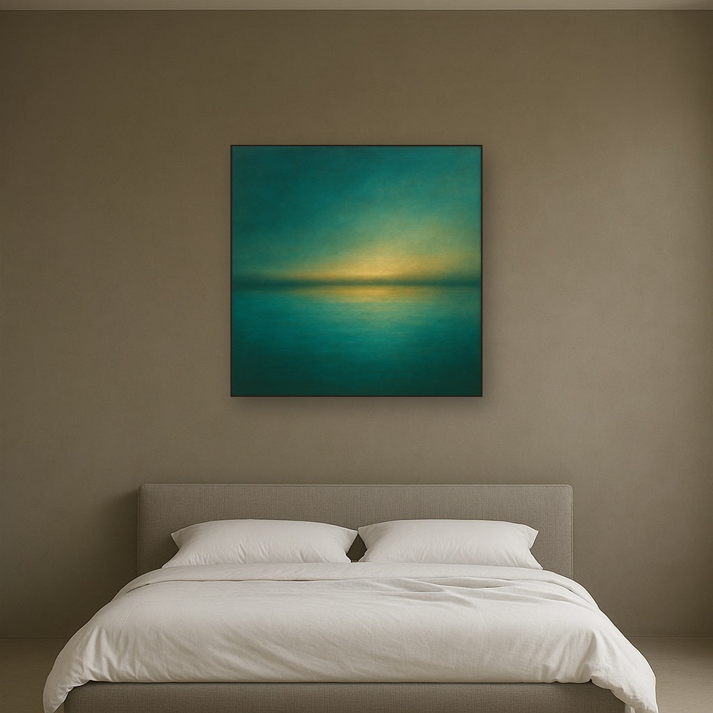 Peacock Teal & Champagne Gold Horizon No. 14 Oil Painting Staged Above Master Bed in Bedroom, Calming Neutral Hand Painted Oil Art