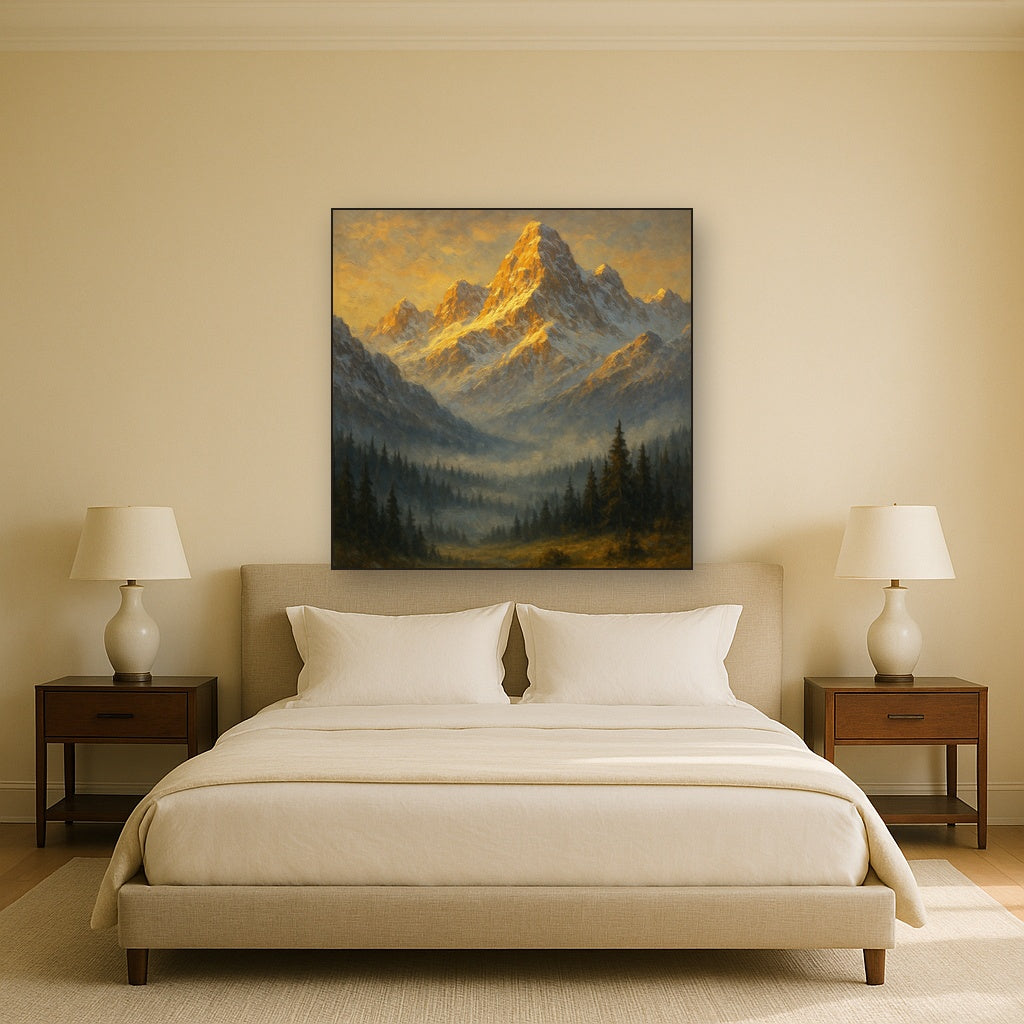 Alpine Peak Sunrise Landscape Oil Painting - Styled in Master Bedroom
