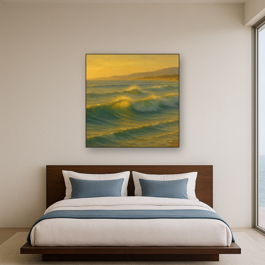 Golden Hour Sunlight on Ocean Swells No. 8 Oil Painting Staged Above Master Bed in Bedroom, Calming Neutral Hand Painted Oil Art