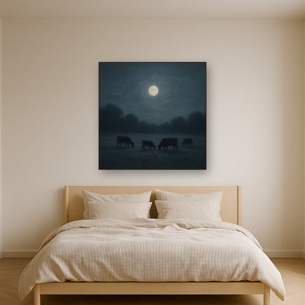 Moonlit Pastoral Meadow & Cattle Silhouettes No. 10 Oil Painting - View 3