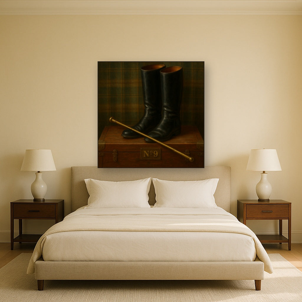 Vintage Riding Boots & Brass Crop on Trunk No. 9 Oil Painting Staged Above Master Bed in Bedroom, Calming Neutral Hand Painted Oil Art