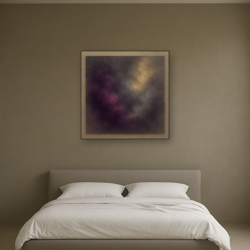 Gilded Plum & Soft Smoke Cloud Harmony No. 9 Oil Painting Staged Above Master Bed in Bedroom, Calming Neutral Hand Painted Oil Art