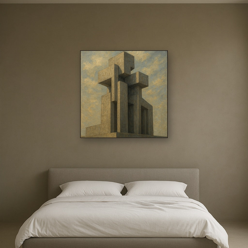 Brutalist Concrete Monolith & Sky No. 2 Oil Painting - Styled in Master Bedroom