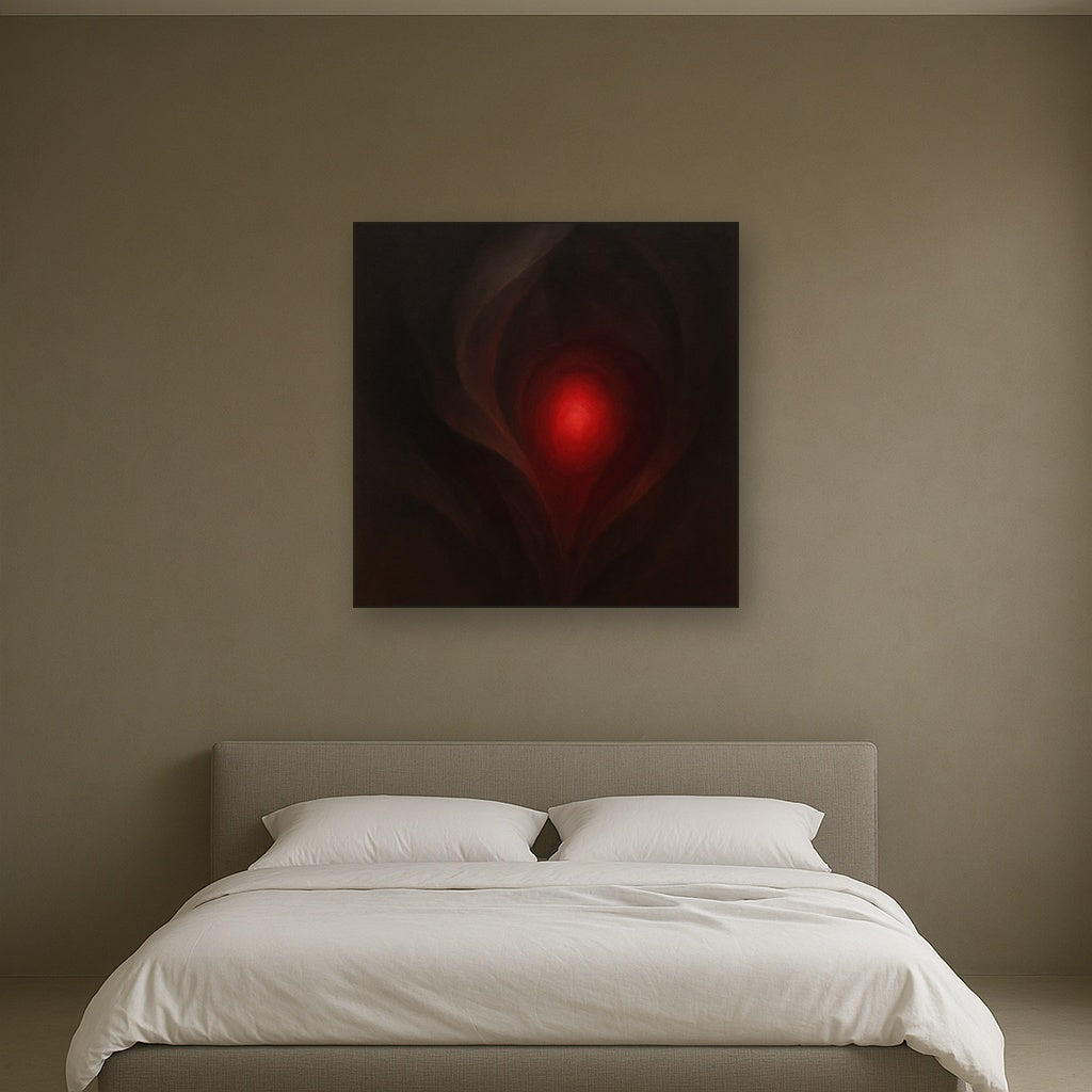 Smoky Ruby & Warm Obsidian Veils No. 15 Oil Painting Staged Above Master Bed in Bedroom, Calming Neutral Hand Painted Oil Art