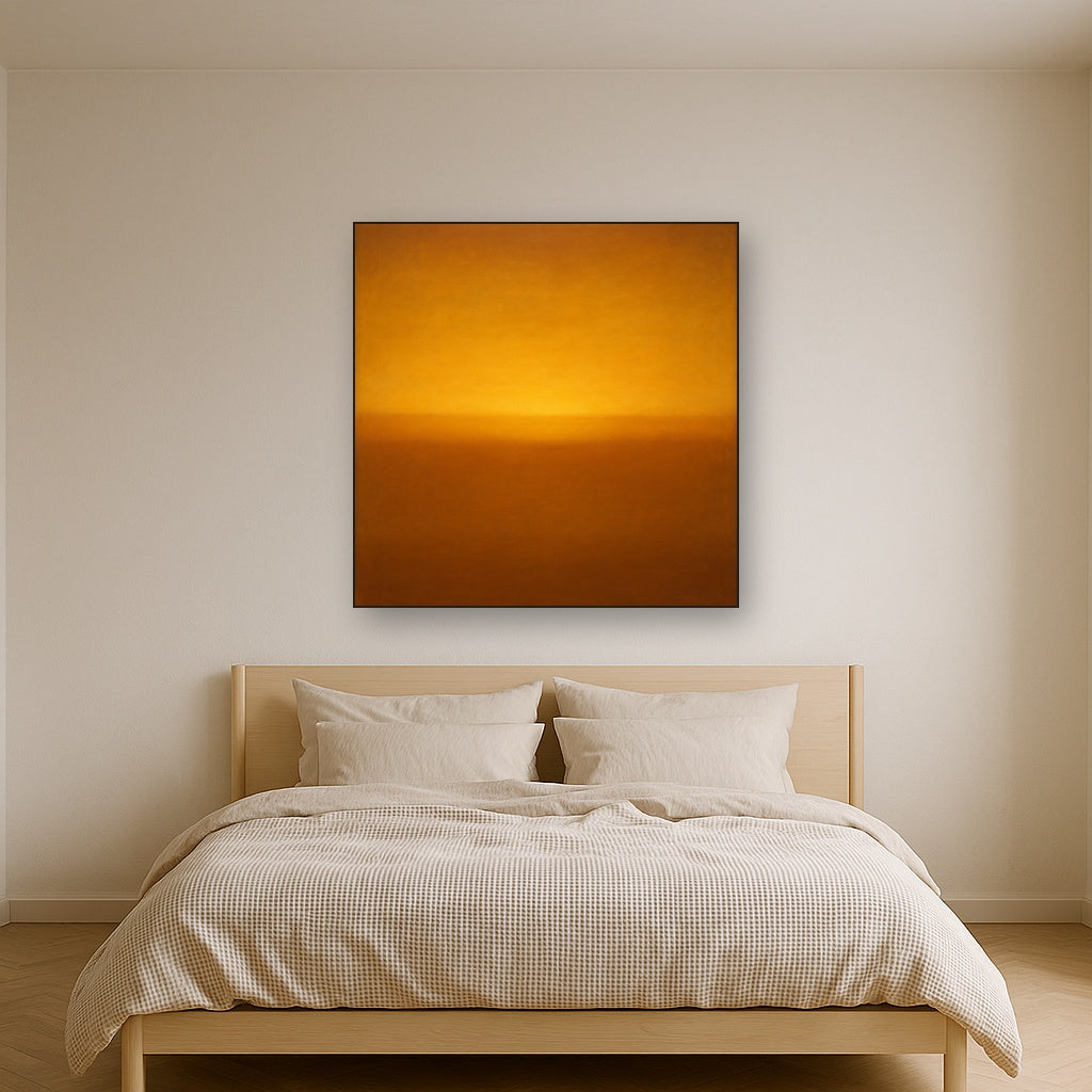 Warm Amber & Raw Sienna Sunset Meditation No. 10 Oil Painting Staged Above Master Bed in Bedroom, Calming Neutral Hand Painted Oil Art