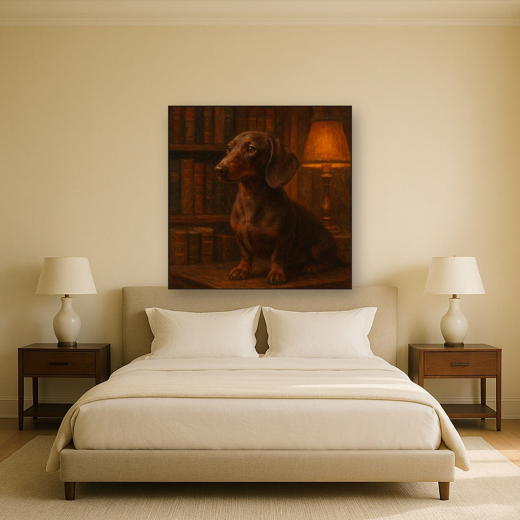 Smooth Dachshund in Moody Library Study No. 16 Fine Art Oil Painting - View 3