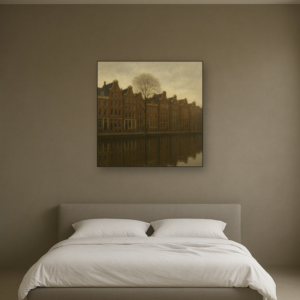 Amsterdam Canal Houses Under Overcast Sky No. 22 Oil Painting Staged Above Master Bed in Bedroom, Calming Neutral Hand Painted Oil Art