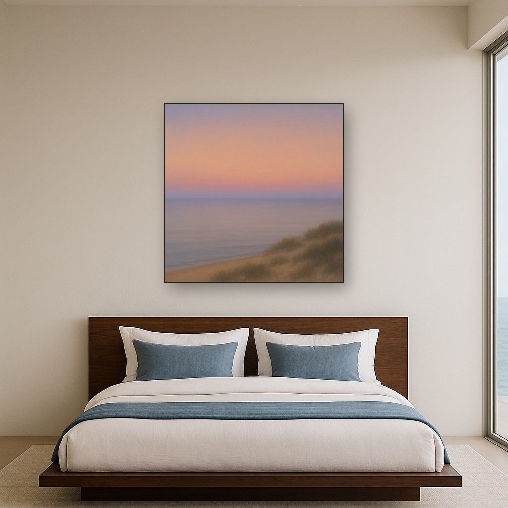 Pastel Dusk Horizon over Calm Atlantic Waters No. 2 Oil Painting Staged Above Master Bed in Bedroom, Calming Neutral Hand Painted Oil Art