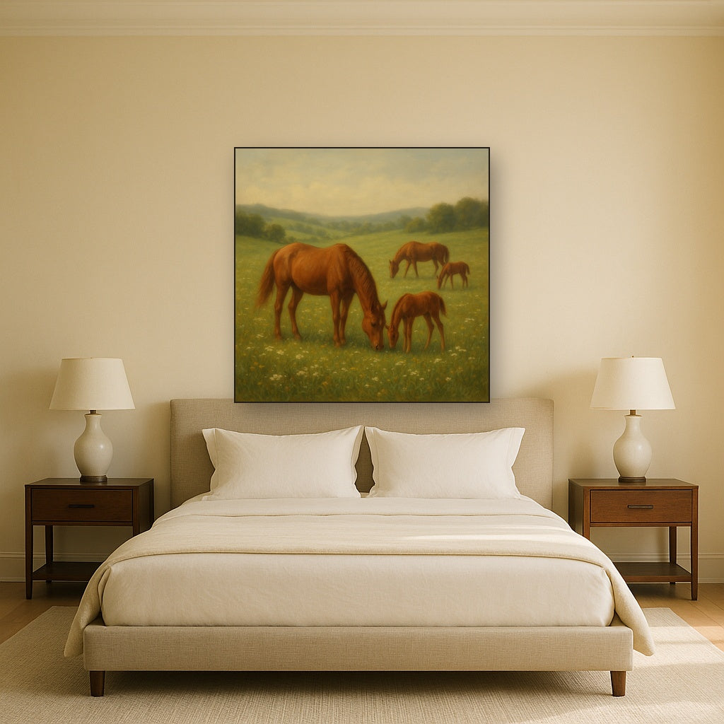 Mares & Foals Grazing in Rolling Meadow No. 3 Oil Painting - View 3