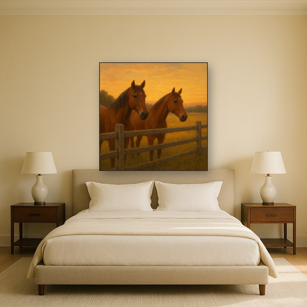 Two Horses at Rustic Post & Rail Fence No. 18 Oil Painting Staged Above Master Bed in Bedroom, Calming Neutral Hand Painted Oil Art