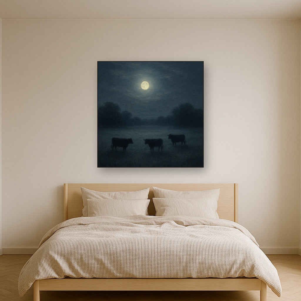 Moonlit Pastoral Meadow & Cattle Silhouettes No. 2 Oil Painting - View 3