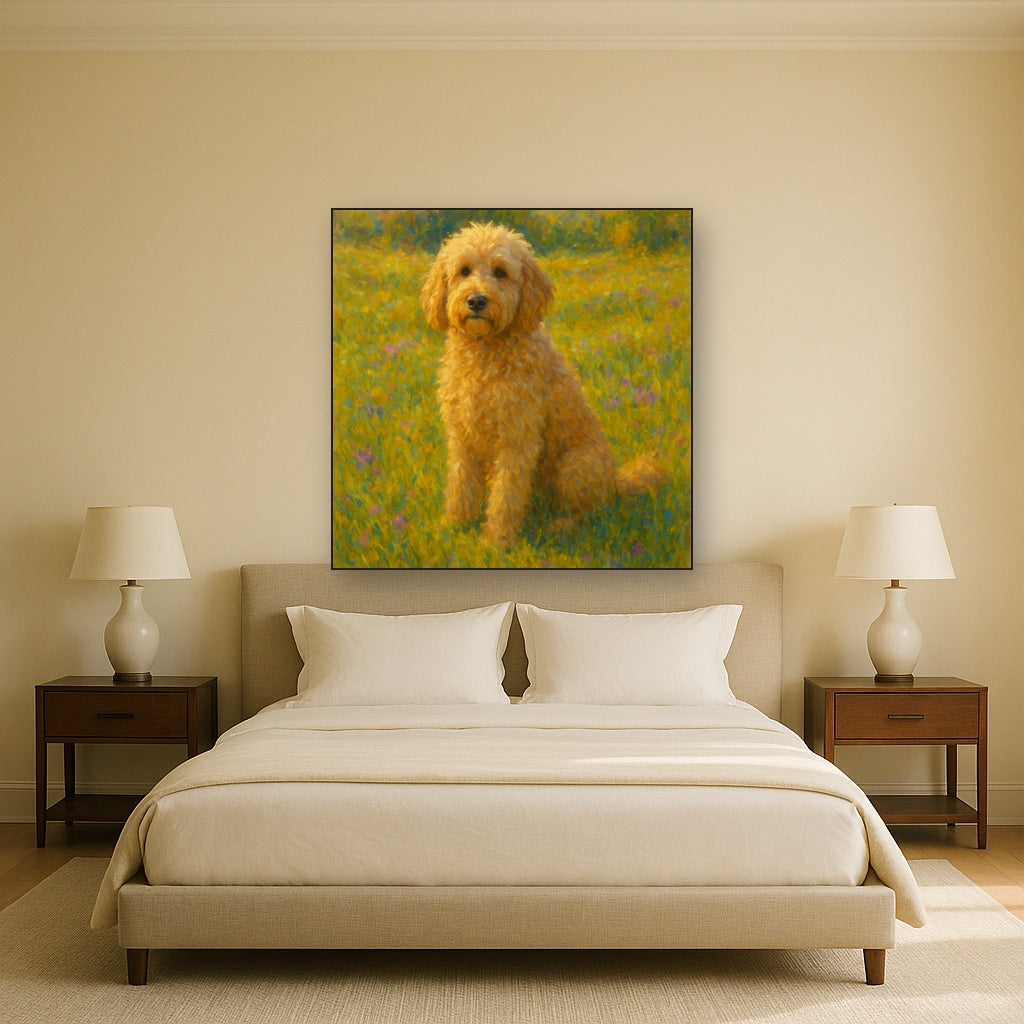 Fluffy Goldendoodle in Sun-Drenched Meadow No. 5 Fine Art Oil Painting - View 3