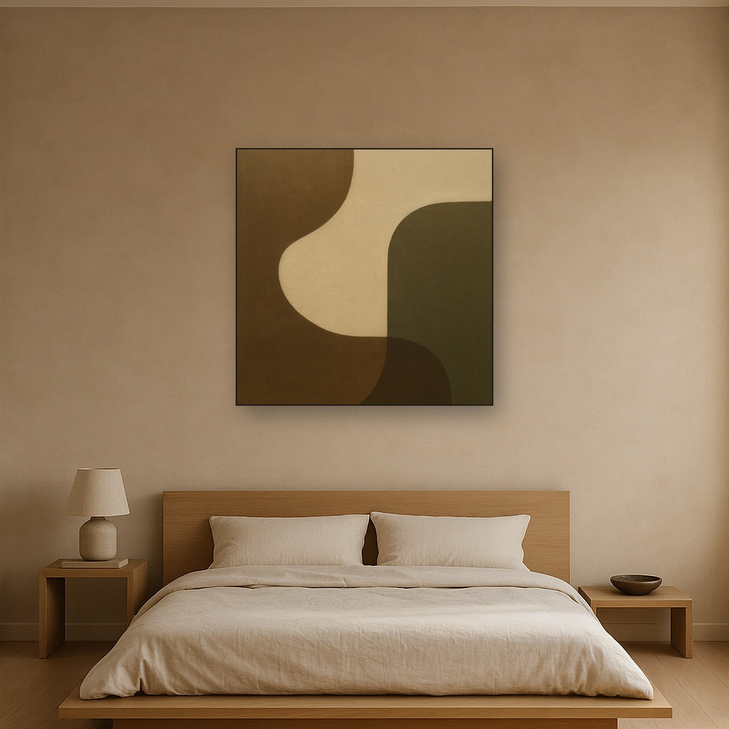 Minimalist Asymmetrical Balance in Raw Umber No. 18 Oil Painting Staged Above Master Bed in Bedroom, Calming Neutral Hand Painted Oil Art