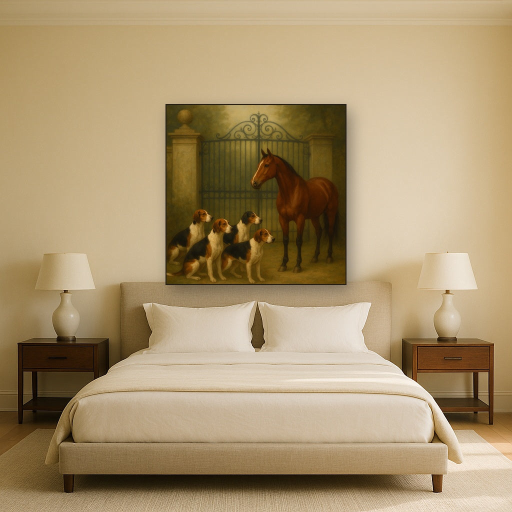 Hunting Hounds & Thoroughbred by Estate Gate No. 11 Oil Painting Staged Above Master Bed in Bedroom, Calming Neutral Hand Painted Oil Art